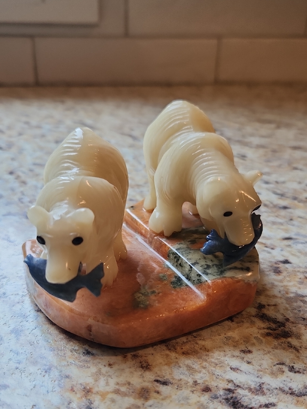 Unique Handcarved Polar Bears Mounted On Stone